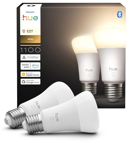 Philips Hue Ampoule LED connectée A60, Lumière blanche chaude 2700 K, Culot E27, 9,5 W, 1100 lumens, Intensité variable, Compatible avec Alexa, Google Assistant et Apple Home, pack de 2
