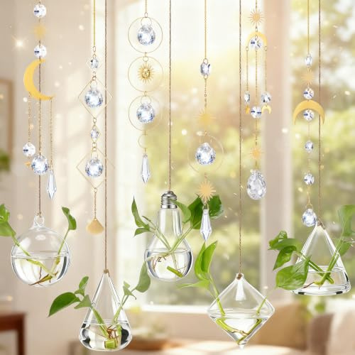 Mumufy 11 Pcs Crystals Suncatcher Hanging Glass Planter Set,Clear | Geometric Moon Star Design with Crystal Prisms. Hanging Terrarium Wall Vases for Windows Home Wedding Decoration Boho Decor
