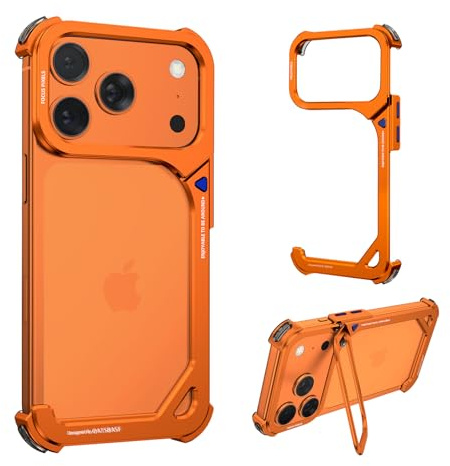 NIFBANG 9 Shape for iPhone 17 Pro Max Bumper Case with Stand,Compatible with MagSafe,Aluminum Thin Slim Cases,Metal Frameless 4 Corner Airbags Shockproof Protective for iPhone 17 Promax(Cosmic Orange)