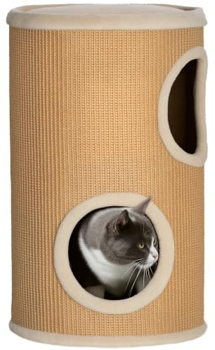PawHut Barril Rascador para Gatos 60 cm de Altura Ø35x60 cm Marrón y Beige | Tonel de Escalada con 2 Cuevas, Cubierta de Sisal, Torre Rascador para Gatos