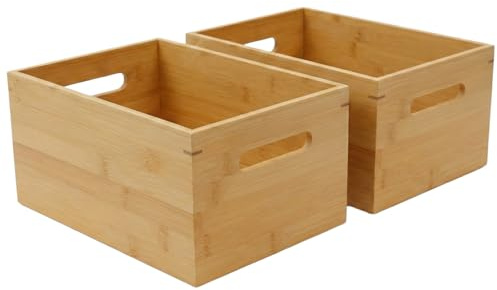 2 Stück Holzkiste mit Griffen aus Bambus, stapelbare Aufbewahrungsbox Holz 30x20x14 cm ohne Deckel | Holzbox Allzweckkiste Bambus Box | Holz Organizer Holzkasten für Büro Küche Kinderzimmer (2er Set)