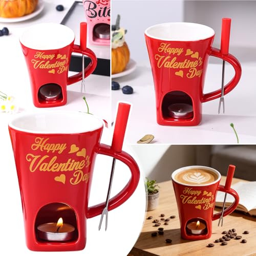 Tasse à Fondue au Chocolat, 200 ML Services à Fondue au Chocolat, Tasse à Fondue au Chocolat en Céramique, Tasse à Fondue avec Fourchette et Bougie À Thé, Tasse à Fondue pour Bonbons et Chocolat (D)