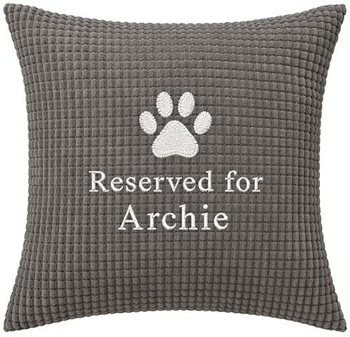 JJLC Personalised Dog Cushion Cover “Reserved for” – Pet Name Cushion Cover – Black, Beige or Grey – 45cm Square – Optional Inner (Grey Pet Cushion)