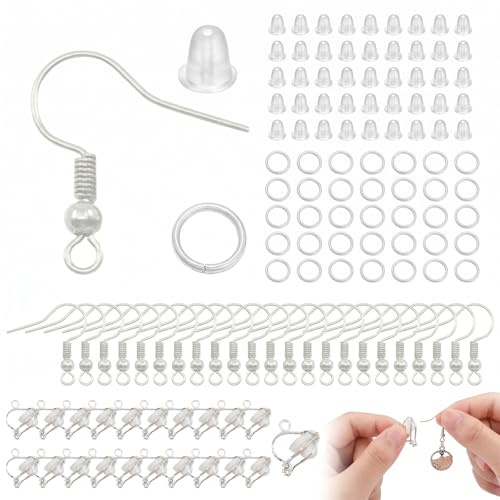 Ohrringe Selber Machen Set: Silber Ohrhaken & Ohrclips mit Ohrstopper für DIY Schmuckherstellung, Bastelset für Ohrringe Basteln inkl. Biegeringe & Zubehör für Individuelle Ohrhänger