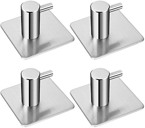 LYSLEDa 4 Pack Rustproof Stainless Steel Stick on Hooks Self Adhesive from, Waterproof Strong Bonding Power Sticky Hooks for Kitchens, Bathrooms, Lavatories, Closets, Office(Square)