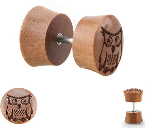 Treuheld® | Holz Ohrstecker mit Eule zum Schrauben - Braun Dunkelbraun - 2 Größen - Fake Plug - Organische Motiv Ohrringe Herren & Damen & Kinder & Männer Ohr Fake Tunnel Piercing STECKER Ohrtunnel