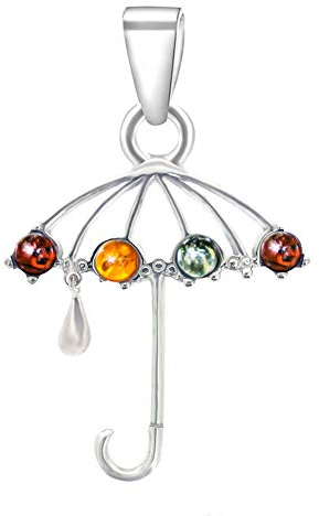 ANDANTE Premium Collection - Echter OSTSEE Bernstein Kettenanhänger in 925 Sterling Silber ** Regenschirm mit einem Regentropfen ** Zertifiziert - Gold des MEERES - Farbe Cognac, GRÜN, Kirsche