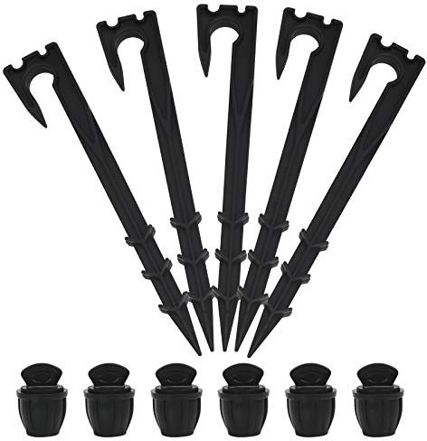 HAKOTOM 50 Stück Heringe Kunststoff Schwarz Erdnägel Erdanker Plastik Garten Bodenanker Gartenschlauch Erdspieße mit 6 stk Schlauchstopfen für Gartenvlies Sandkastenabdekung Unkrautvlies Maulwurfnetz