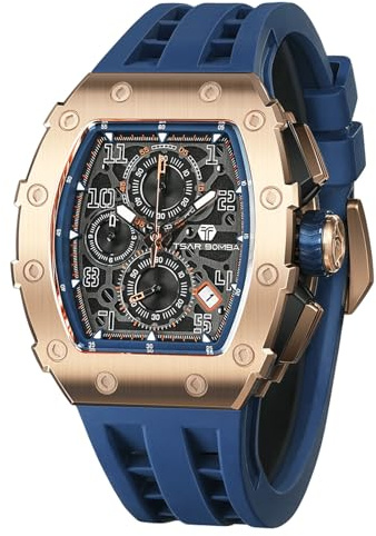 Tsar Bomba - Reloj para Hombre, de Lujo, Impermeable, 50 m, Barril analógico, cronómetro, Esqueleto Cuadrado, Gran Esfera, Buceo, Deporte, Relojes, Movimiento japonés, Pulsera de Silicona, Espejo