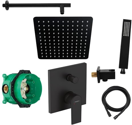 vanvilla Duschsystem mit Unterputz Duscharmatur von Hansgrohe Einhebelmischer und vanvilla Regendusche mit Armatur, Duschkopf eckig, Dusch-SET HGS07 schwarz matt beschichtet