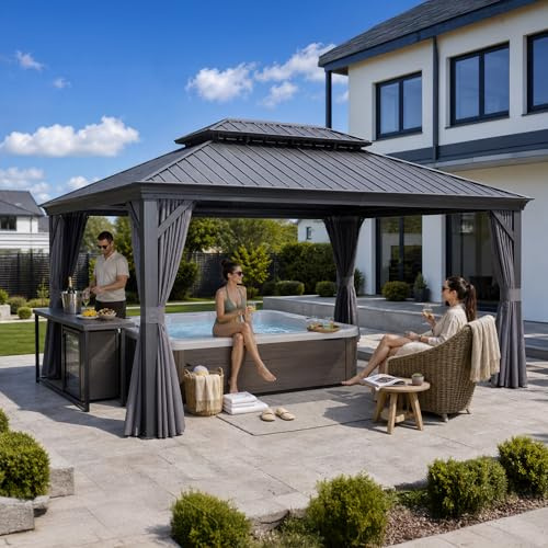 PURPLE LEAF Tonnelle de Jardin Exterieur 4,85 × 3,65 m Pergola Alu, Gris | Gouttière intégrée, Guide de montage inclus, Durabilité prolongée, Rideaux et moustiquaire 260 g/m², Pour 6 à 8 personnes