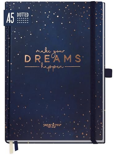 paper&you® Premium Journal dotted A5 Make your dreams happen Notizbuch gepunktet, 120g/m² dickes Papier, 188 nummerierte Seiten, Tagebuch mit Punkteraster - nachhaltig & klimafreundlich