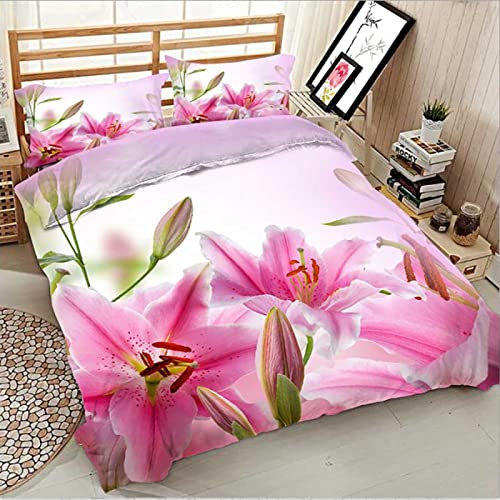 ZAHOCAI Copripiumino Matrimoniale 260x240 Giglio Rosa microfibra Set di biancheria da letto copripiumino + 2 Federe 50x80 cm con cerniera - morbidissimo parure 3D copripiumone matrimoniale