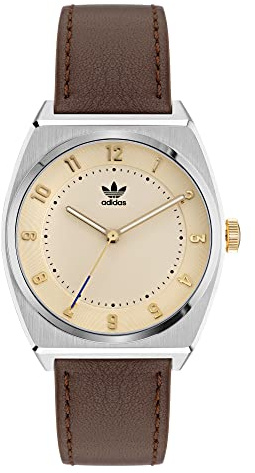 adidas Caja de Acero Inoxidable, Esfera Dorada, Correa de Cuero ecológico marrón AOSY22029, Correa