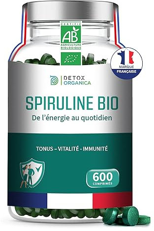 DETOX ORGANICA Spiruline Bio - 3000mg par jour - 600 Spiruline Bio Comprimés - Complément Alimentaire Riche en Protéines, Antioxydants, Fer et Phycocyanine - 100% Agriculture Biologique Contrôlée