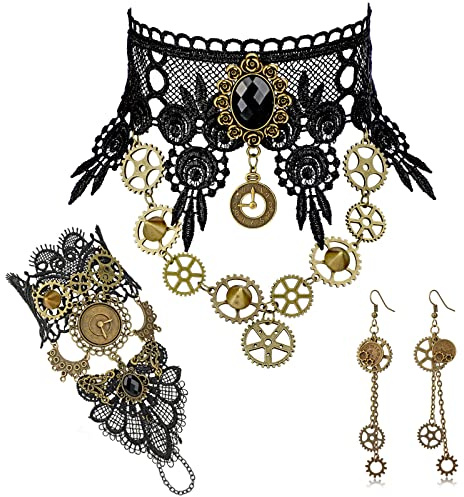 HOWAF Steampunk Kostüm Damen, Steam Punk Zahnräder Halskette Spitze Gotisch Choker Halskette, Armbänder, Ohrringe für Steampunk Accessoires, Halloween, Karneval Kostüm, Fasching, Faschingskostüme