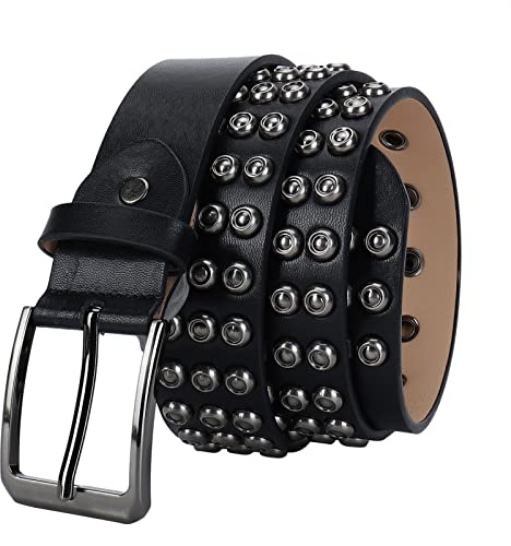 YOPADO Punk Schwarze Nietengürtel Leder Goth Style Gürtel Mit Hohl Dornschließe 3 Reihen Hellen Nieten Ledergürtel Für Damen/Herren Zubehör Für Jeanshosen(105cm/waist:34~36, Studded~C)