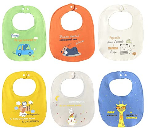 Cincobebé Bavaglini Impermeabili in Cotone per Neonati e Bambini, con Frasi Italiane Divertenti Spiritoso e Motivo Animale Molto Carine, 0 a 36 Mesi, Set da 6 Pezzi, Confezione Regalo