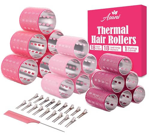 Thermal Rollers for Hair - 37pc Set - 18 Self-Grip Hair Rollers with 18 Clips and Styling Comb - Aluminum Thermal Hair Rollers for Volume and All-Day Curls - For Short, Medium, and Long Hair (Large)