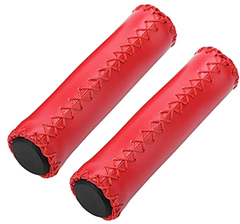 Braune Fahrradgriffe, Braunes Leder, Fahrradgriffe, Pu-Schwamm, 1 Paar Handgenähte Pu-Fahrrad-Lenkergriffe mit Stecker (braun) (Rot)