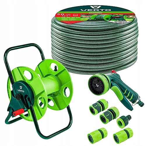 VERTO Schlauchtrommel + Gartenschlauch 50m + Wasserspritze + 3 x Schlauchverbinder, Wasserstop, Hahnverbinder - Gartenbewässerung Komplettes Starterset