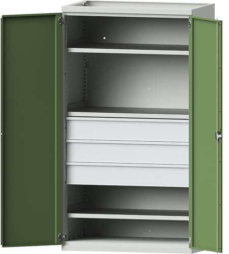 eurokraft | Schwerlastschrank aus Stahl | 3 Fachböden | 3 Schubladen 180 mm hoch | lichtgrau/resedagrün