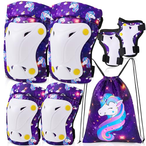 Unicorn Knee and Elbow Pads for Kids Girls 6 in 1 Adjustable Protective Gear Set with Drawstring Bag, 3-8yrs