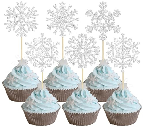 Gyufise 30 Stück Schneeflocke Cupcake Toppers Silber Glitzer Frozen Cupcake Picks Winter Wonderland Kuchen Dekorationen für Schneeflocke Winter Weihnachten Kinder Geburtstag Party Supplies