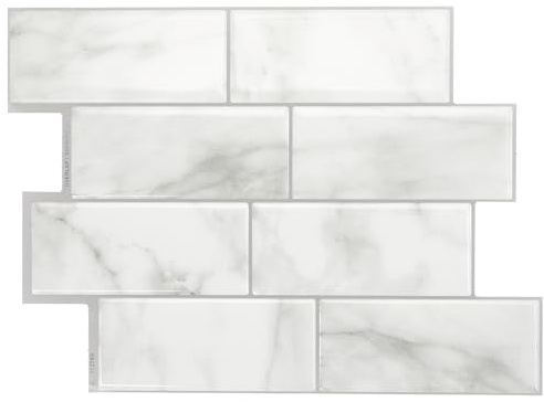 Smart Tiles Klebefliesen, Metro Carrara-Marmor, 29,34x21,28 cm | 5er-Pack (0,26 m²), Glänzend, Hitze-/feuchtebeständig, Emissionsarm A+, Küche/Bad, Ideal für Mieter, Hergestellt in Kanada