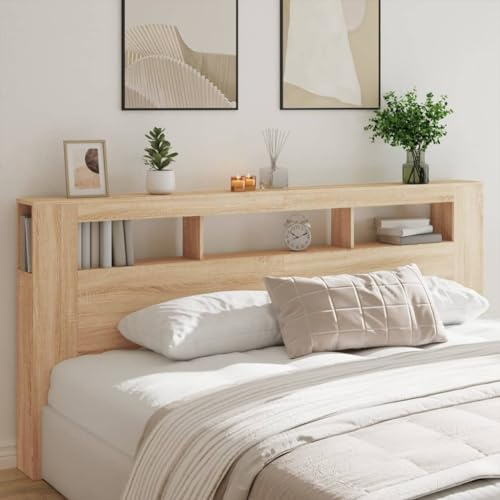 SECOLI Testiera Letto Matrimoniale con Scomparti e Luci in Legno Multistrato Rovere Sonoma 220x18,5x103,5 cm