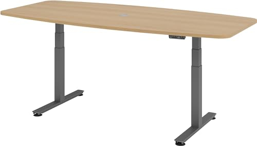 bümö Konferenztisch elektrisch höhenverstellbar 220x103 in Eiche, Gestell: Graphit - elektrischer Besprechungstisch oval mit Memoryfunktion höhenverstellbarer Meetingtisch