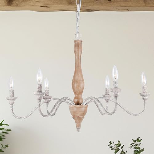 ZIRALIO 6-Lights French Country Chandelier 30 Farmhouse Rustic Distressed Wood Chandelier Vintage Modern Candle Style Wooden Chandeliers for Dining Room, Living Room, Kitchen Island, Bedroom