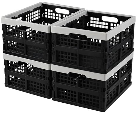 Uumitty 4 x 15 Litre Folding Plastic Stacking Storage Crates Box, Plastic Collapsible Storage Boxes Crate, Multi Use Fruit, Veg, Books