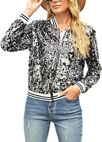 Naimo Damen Glitzer Pailletten Jacke Langarm Offen Reißverschluss Blazer Sparkle Party Festival Metallic Bomberjacke