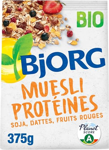 BJORG - Muesli Protéines - Soja, Dattes, Fruits Rouges - Riche en Protéines - Source de Fibres - Céréales Complètes Avoine et Blé - Bio - 375g