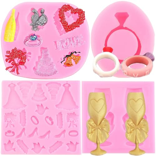 RFGHAC Love Wedding Anniversary Engagement Silicone Moulds Champagne Wine Glass Ring Wedding Dress Fondant Mould for Cake Decoration Candy Chocolate Polymer Clay Gum Paste Set of 4