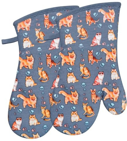 Oven Mitts Gloves 1 Pair Heat Resistant 480 ℉ Non Slip Clear Silicone Printed Cat Comfortable Cotton Lining Kitchen Men Cooking Barbecue Machine Washable (Cat, Blue Mitts)