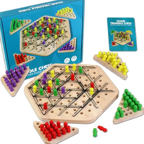 Holz Ketten Dreieck Schachspiel, Geometrisches Schachspiel 2 bis 4 Spieler, Wooden Chain Triangle Chess Game, Intellektuelles Schachbrett Kinder, Board Games, Brettspiele ab 3 4 5 6 8 10 Jahre
