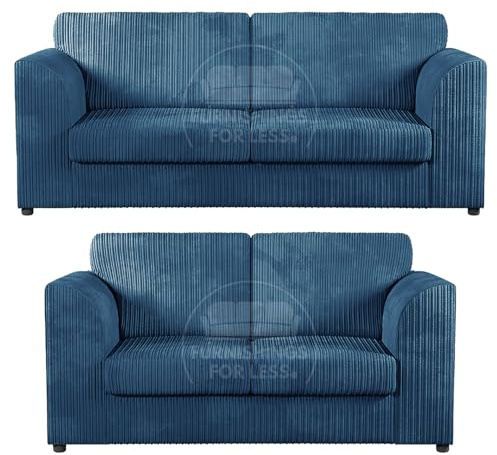 Furnishings For Less UK New Luxor Colourful Soft Jumbo Cord Marine Blue 2 Piece Sofa Suite 3 Seater and 2 Full Back (Marine Blue, 3 and 2 Sofa Suite)