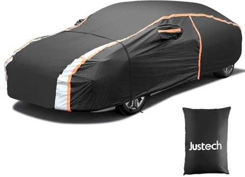 Justech Car Cover 210D Door Full Car Covers Waterproof Breathable for All Weather with Mirror Pocket & Reflective Strips Fit for Audi A4/A5, Tesla Model 3, BMW 3 Series, Mercedes C Class etc