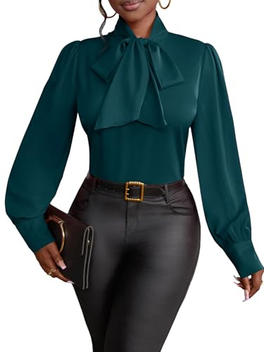 Vrtige Women's Elegant Bow Tie Neck Long Sleeve Blouse Office Shirt Top, Teal, S