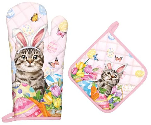 Arquiel Gants De Four & Maniques Pâques Chat Lot De 2, 100% Coton Maniques Cuisine Gant Four Anti Chaleur Extra-Longue pour Barbecue, Cuisine, Griller,Micro-Ondes