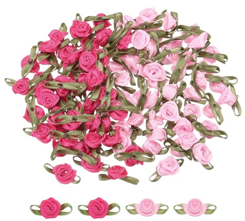 sourcing map 100 Pcs Rose Red/Pink Ribbon Roses 5/8 x1-3/16 Mini Roses for Sewing Appliques Crafts Little Satin Bows Roses Artificial Flowers