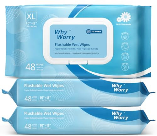 WhyWorry Flushable Wipes for Adults, Extra Large 20x25cm Flushable Toilet Wipe with Chamomile & Vitamin E, Moist Toilet Tissue, 100% Plant-Based, Septic & Sewer Safe, Sea Incense, Multipack 144 Count