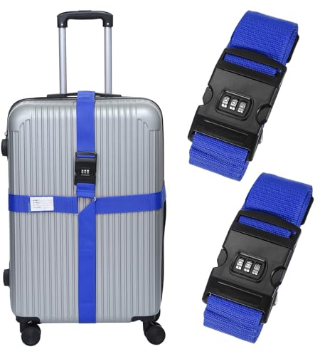 sourcing map Cross Luggage Straps with Combination Lock Name ID Card Adjustable Suitcase Belt Strap for Suitcase Briefcase Backpack Travel, Sapphire Blue, Pack of 2