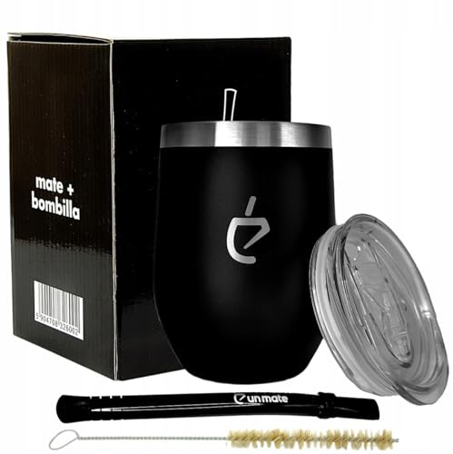 UN MATE – Original Yerba Mate Starter-Set: Schwarze rostfreie Bombilla, Schwarzer Thermo-Matebecher aus Edelstahl mit Deckel, 350 ml, Reinigungsbürste & elegante Geschenkbox, BPA-frei