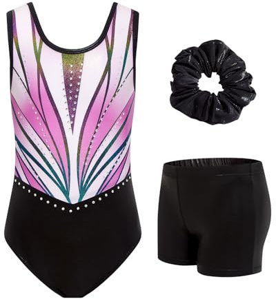 JiAmy Turnanzug Mädchen Ärmellos, Kinder Glitzer Gymnastik Turnanzug Leotard mit Shorts und Haarband, Gymnastikanzug Turnbody Ballett Tanzender Ballettanzug für 3-12 Jahre