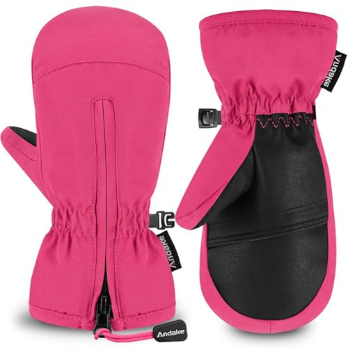 Andake Guantes de esquí para niños y niñas, adecuados para Deportes al Aire Libre, puños elásticos, Cremallera, cálidos, Impermeables(Barbie Pink-9-12Y: YS)
