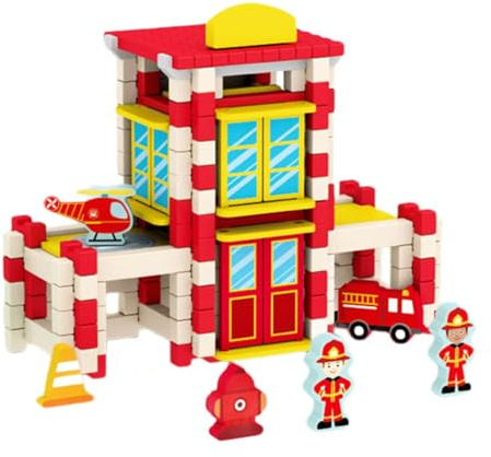 LeeQinersw Kit di Costruzione di Case in Legno: Esperienza di Apprendimento Pratico per Bambini, Stazione dei Pompieri