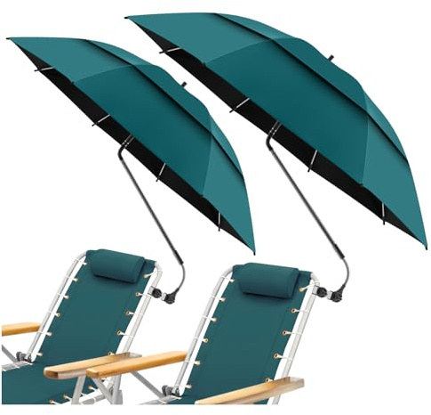 NBtoUS 2 Pack 48.6 Double Canopy Beach Umbrella with Clamp, UPF50+ Beach Chair Umbrella with clip, 360°Adjustable Portable Outdoor Wheelchair, Patio, Golf Carts,Camping(Blackish Green, Not Include